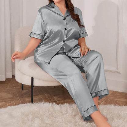 Summer Fashionable Women Silk Sleepwear Set Personalized Satin Casual Thin Loose Tops Long Pants Home Wear