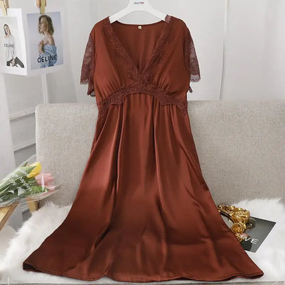 Female Long Nightdress Sexy Hollow Lace Sleepwear Home Dress Palace Style Princess Nightgown Nightwear Casual Satin Loungewear