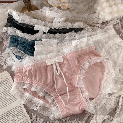 Luxury Satin Transparent High Elasticity Sexy Mesh Lace Hollow Bow Underwear Cute Lovely Sweety Smooth Soft Panties Breathable