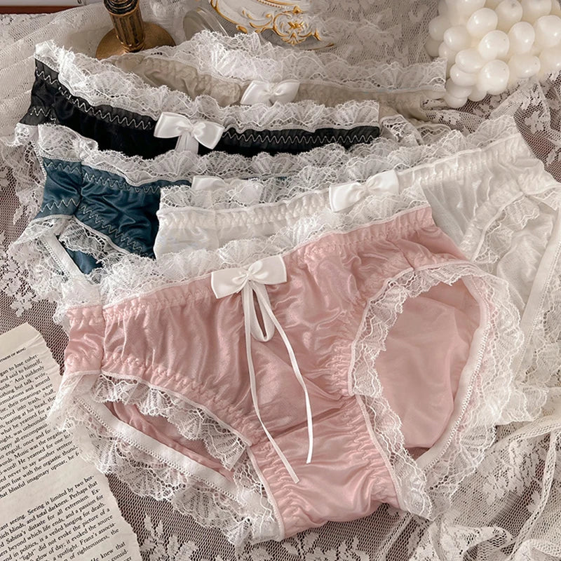 Luxury Satin Transparent High Elasticity Sexy Mesh Lace Hollow Bow Underwear Cute Lovely Sweety Smooth Soft Panties Breathable