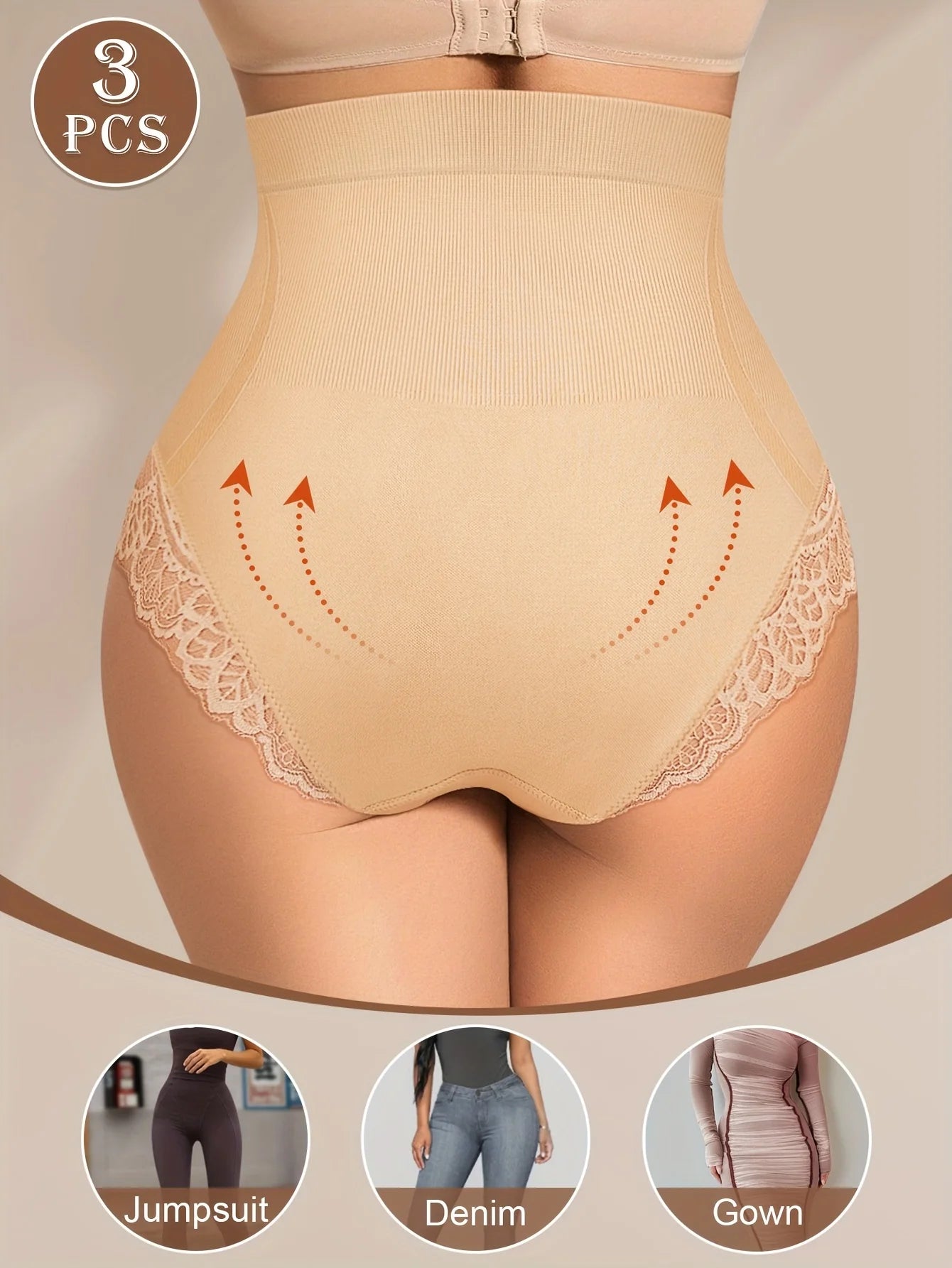 3pcs High-Waisted Tummy Control Seamless Underwear - Butt-Lifting Shapewear with Lace Trim, 3 Sizes (S-XXL) for Women,