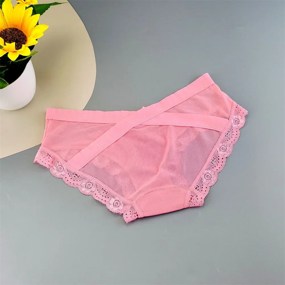 3 Pieces Hot Comfortable Mesh Briefs Women Sexy Seamless Lace Trim Underwear Cute Bow Ladies Breathable Briefs Plus Size