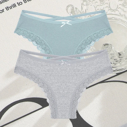 2PCS Cotton Panties for Women Sexy Lace Brazilian Briefs Female Low-Waist Cross Webbing Underpants Stretch Breathable Intimates
