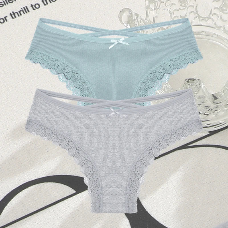 2PCS Cotton Panties for Women Sexy Lace Brazilian Briefs Female Low-Waist Cross Webbing Underpants Stretch Breathable Intimates