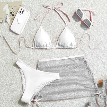 Solid Brown Swimwears String Halter Triangle 3 Piece Bikini Set Sexy Swimsuit Women 2026 Mesh Skirts Bathing Suit Bikinis Dames