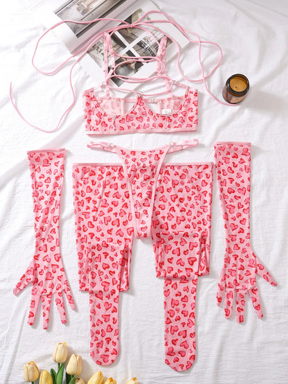 Cute Pink Leopard Print Bra Brief Set Women Hollow Out Lace Up Bandage Cross Underwire Garters Thongs Glove Costume Intimate Set
