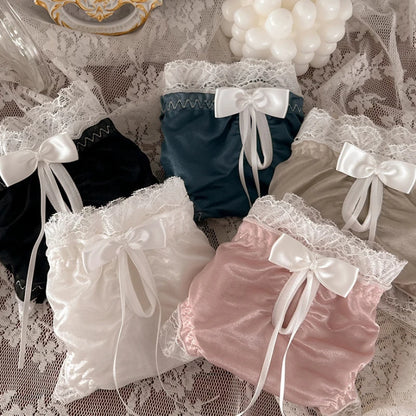 Luxury Satin Transparent High Elasticity Sexy Mesh Lace Hollow Bow Underwear Cute Lovely Sweety Smooth Soft Panties Breathable