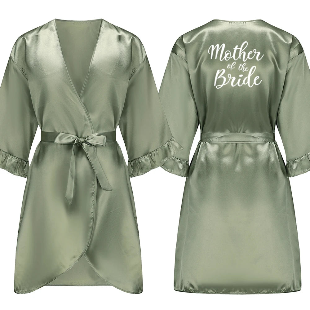 Grass Green Bride Satin-Silk Robe Women Bridal Party Sister Team Mother Shower Gift Bridesmaid Wedding Short Robes with Ruffle