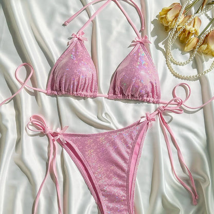 Shiny Pink Micro Bikini Set Mujer Women Sexy Push Up Thong Swimsuit Summer Bathing Suit Bandage Holiday Swimwear Women Biquine