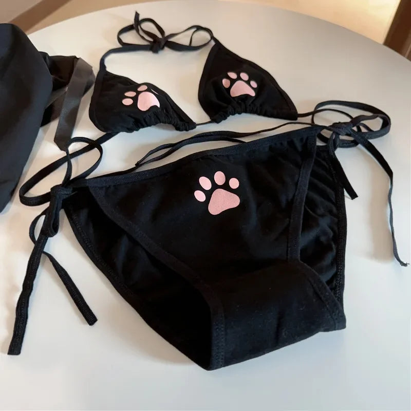 Japan Style Lace Up Lolita Women's Underwear Set Cotton Breathable Kawaii Cat Claw Cute Bra Set Cosplay Cartoon Bra Set Lingerie