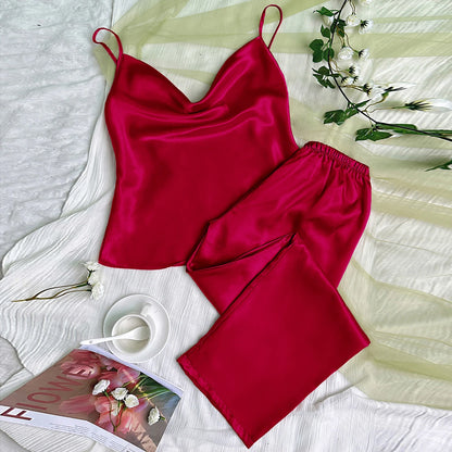 Solid Satin Pajama Set Draped Collar Cami Top Elastic Waistband Pants Women's Sleepwear Loungewear