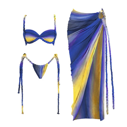 New 3Pcs Crochet Bikini Women Swimsuit Sexy Swimwear Halter Biquini Push Up Swim Suit Strappy Bodysuit Female Bathsuit Beachwear