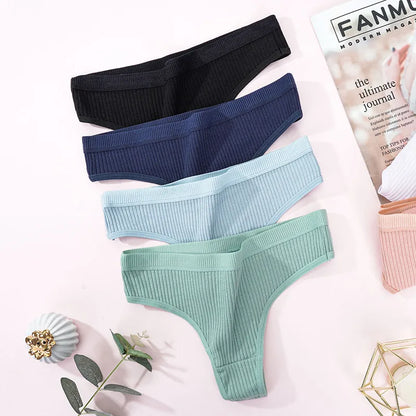 4Pcs Women's Panties Fashion Striped Thongs Soft Cotton Underwear Ladies Sexy Lingeries Sports Breathable G-Strings Cozy T-Back