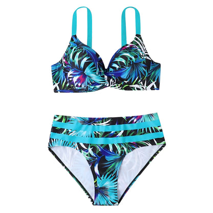 Botanical Print Sexy Swimsuit Womens Bikini Set Summer Beach Bathing Suit Set Slim Tummy Control Bikinis Deep V Neck Swim Suit