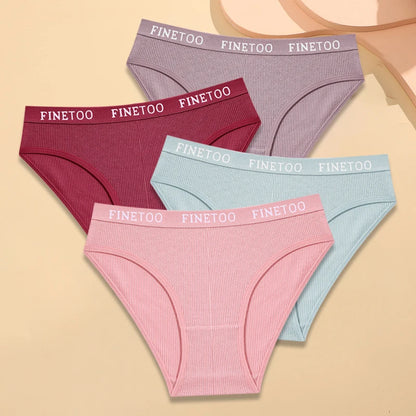FINETOO 4Pcs Cotton Striped Underwear Women's Panties Letter Belt Briefs Ladies Low Waist Lingerie Solid Breathable Underpants