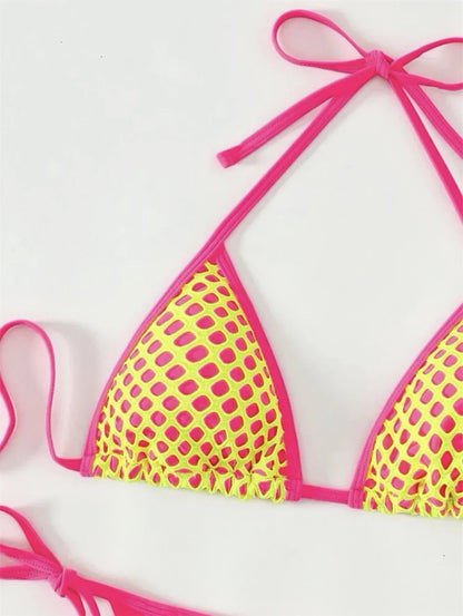Y2K Holes String Bikini Thong Halter Backless Sexy Triangle Mesh Swimsuit Vacation Swimwear Push Up Women Beachwear Bathing Suit