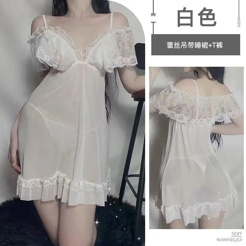 Sexy Sleepwear Women V-neck Nightgown Sexy Nightdress Lace Mesh Pajama Loungewear Summer Dress Nightwear Night Wear