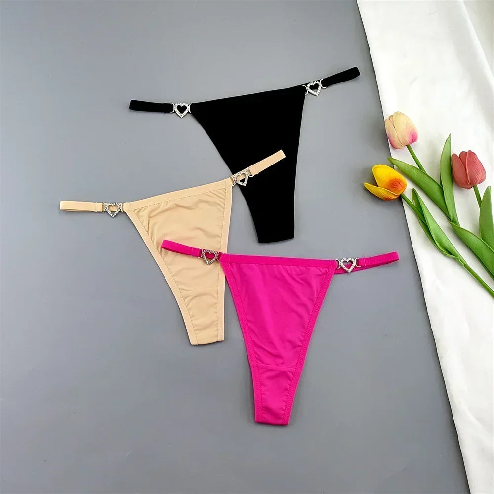 3 Pcs Thin Strap Nylon Thong Women Low Waist Sexy Rhinestone Buckle Underwear Ladies Seamless Ice Silk G-string Panty Plus Size