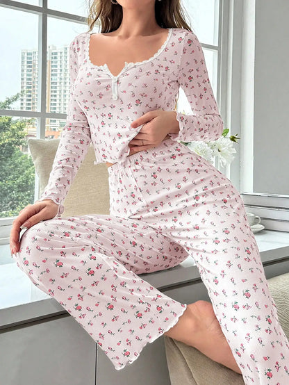 Women's Autumn/Winter Floral Long-Sleeve Pajama Set - Comfortable V-neck Ribbed Cotton Loungewear