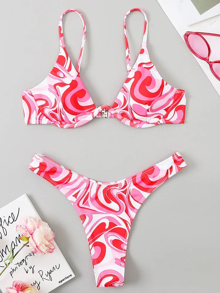Sexy Neon V-bar Underwired Bikini 2025 Female Ribbed Swimsuit Women Thong Swimwear Two-pieces Bikini set Push up Bathing Suit