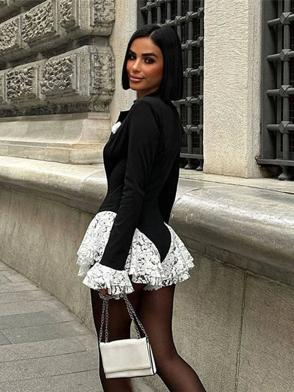 Weird Puss Sexy Ruffle Bodysuit Women Jacquard Deep V-Neck Lapel Tierred Patchwork Full Sleeve Elegant Stretch Skinny Clubwear