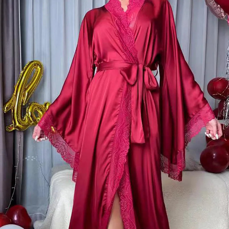 Sexy Long Solid Lace Patchwork Silk Satin Bathrobe Women Flare Sleeve Loose Court Style Nightwear Lace Trim Robes Loungewear