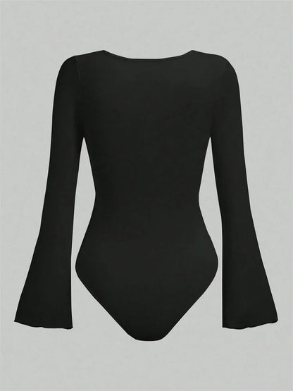 Women's Solid Color Ruffle Hem Flare Long Sleeve Bodysuit Autumn Winter 2024 Round Neck Plain Ruched Slim Fit Romper Top