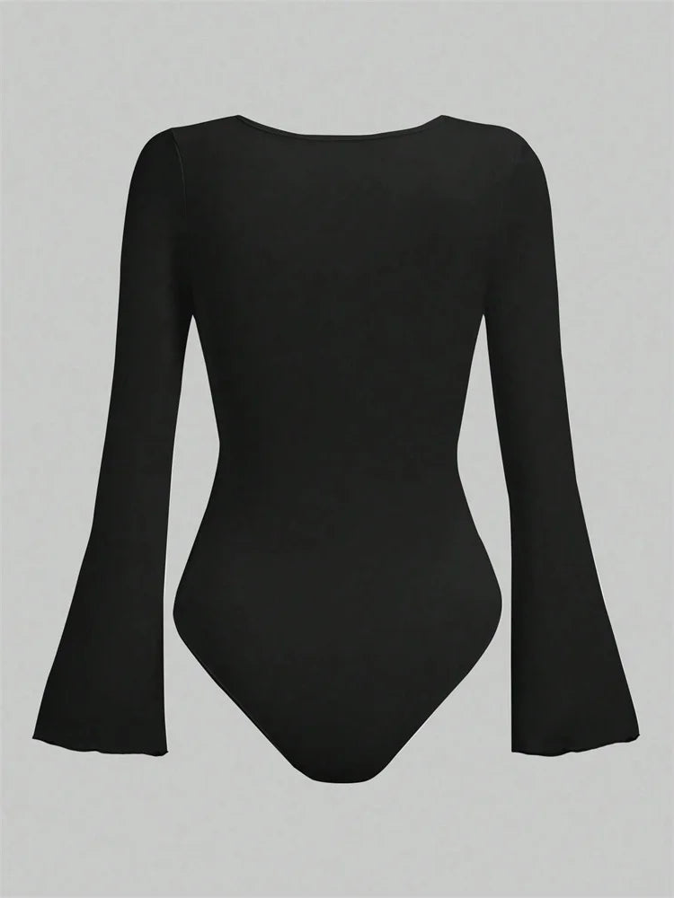 Women's Solid Color Ruffle Hem Flare Long Sleeve Bodysuit Autumn Winter 2024 Round Neck Plain Ruched Slim Fit Romper Top