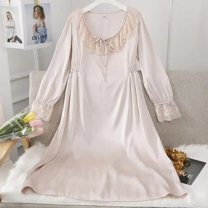 Female Long Nightdress Sexy Hollow Lace Sleepwear Home Dress Palace Style Princess Nightgown Nightwear Casual Satin Loungewear
