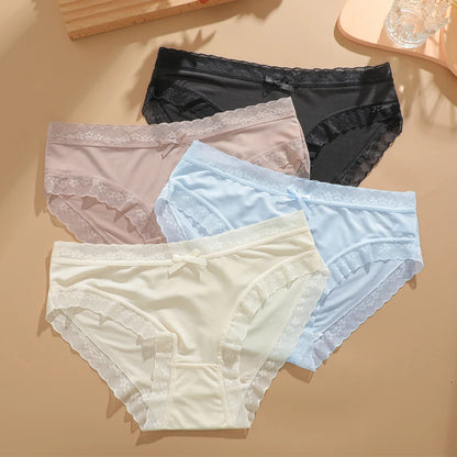 4Pcs Ice Silk Lace Panties Seamless Soild Underwear For Women Sexy Ultra-thin Breathable Briefs Girls Soft Transparent Lingerie