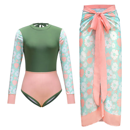 Vintage Mesh Print Swimming Suit for Women Long Sleeve High Waist One Piece Swimsuit 2025 Beach Bathing Suit Купальник