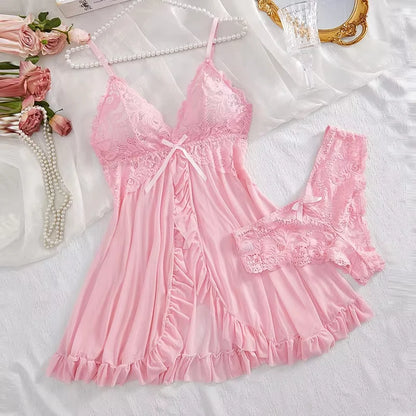 2 Pcs Set Lace Nightgown Women Exquisite Homewear New Green Nighttime Pajamas Transparent Split Nightdress V-Neck Bra Panty Sets