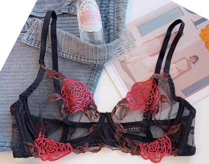 YUQI French Romantic Lace Underwire Minimizer Bra Sexy Sheer Tulle Luxury Lingerie Set Full Bust Support Modern Elegant & Women