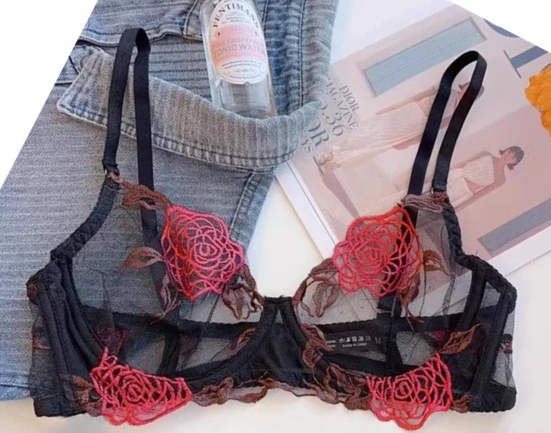 YUQI French Romantic Lace Underwire Minimizer Bra Sexy Sheer Tulle Luxury Lingerie Set Full Bust Support Modern Elegant & Women