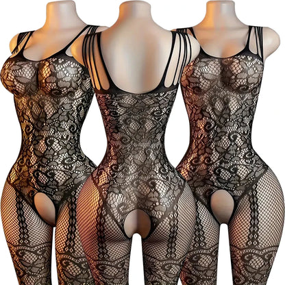 See Through Erotic Open Crotch Lingerie Women Mesh Hollow Bra Set Sexy Bodysuit Lace Rose Print Bodystockings Porn Underwear Set
