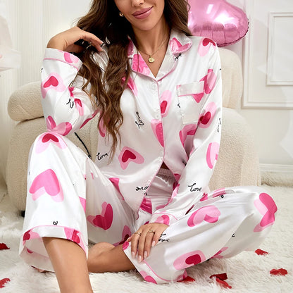 Women's Satin Pajama Set Autumn Heart Print Pyjama Long Sleeve Button-Down Shirt Tops & Long Pants Sleepwear Loungewear 2 Piece