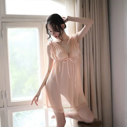 Sexy Sleepwear Women V-neck Nightgown Sexy Nightdress Lace Mesh Pajama Loungewear Summer Dress Nightwear Night Wear