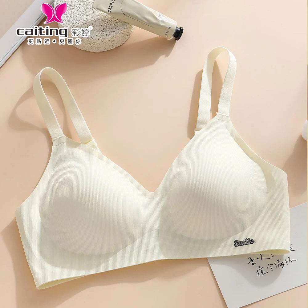 CAITING Beautiful Back Latex Cup Bra One-piece Seamless Bra Women Wireless Push Up Underwear Sexy Deep V Padded Bralette Female