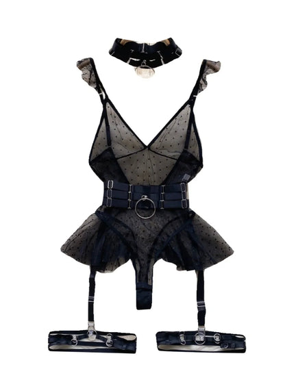 ssTss Ins trendy Girl Sexy Mesh Bottom Strap V-neck one-piece Top bodysuit women's Slimming Waist Ruffle Hemp Vest Jumpsuit