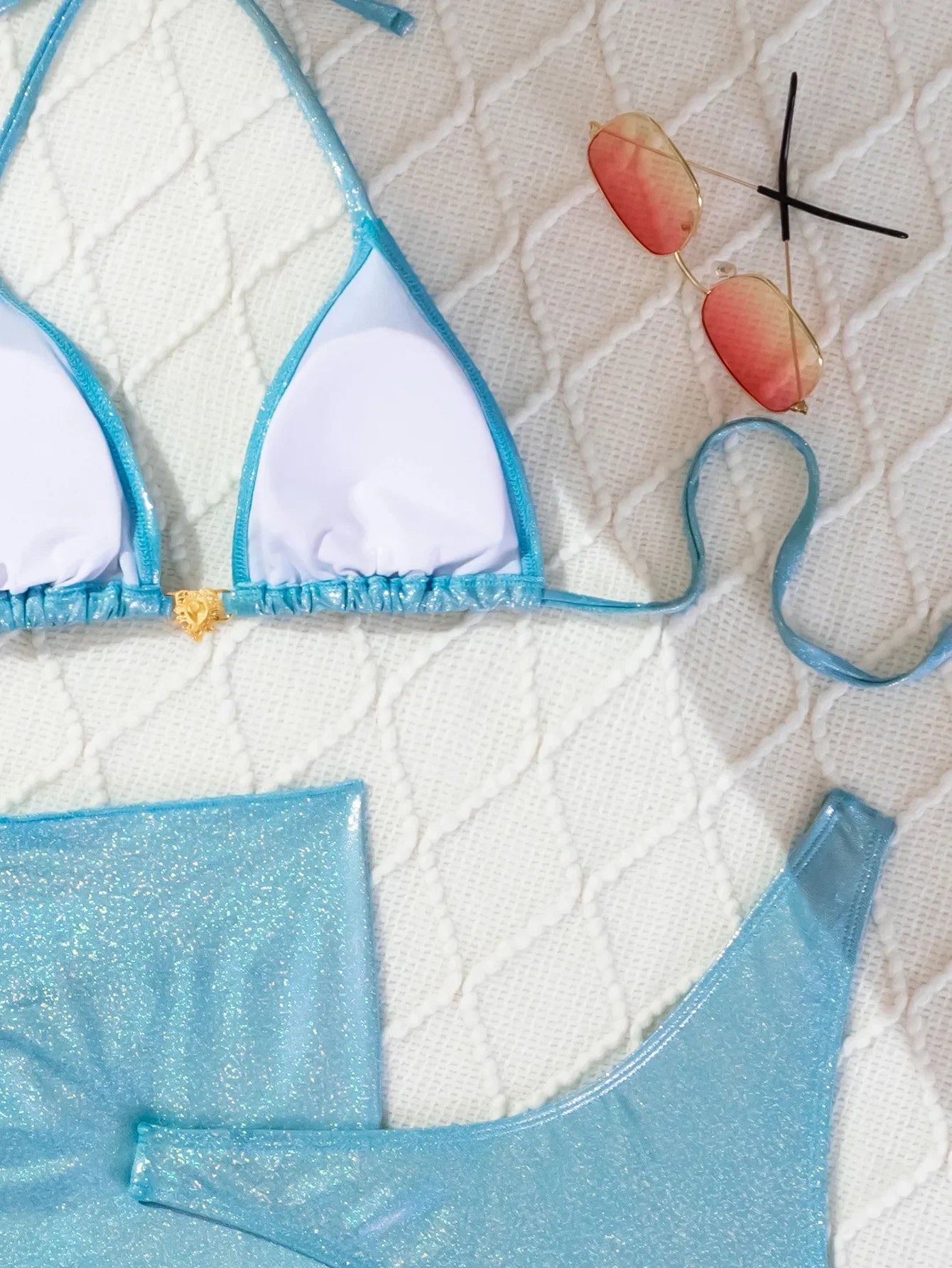 Sexy Glitter Metallic Blue Halter Tie Bikinis Sets 3pcs with Ruffles Cover Skirt Swimsuit Bathing Suit Beach Outfits Biquini