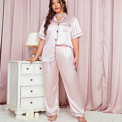 Summer Fashionable Women Silk Sleepwear Set Personalized Satin Casual Thin Loose Tops Long Pants Home Wear