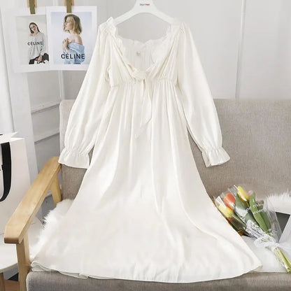 Female Long Nightdress Sexy Hollow Lace Sleepwear Home Dress Palace Style Princess Nightgown Nightwear Casual Satin Loungewear