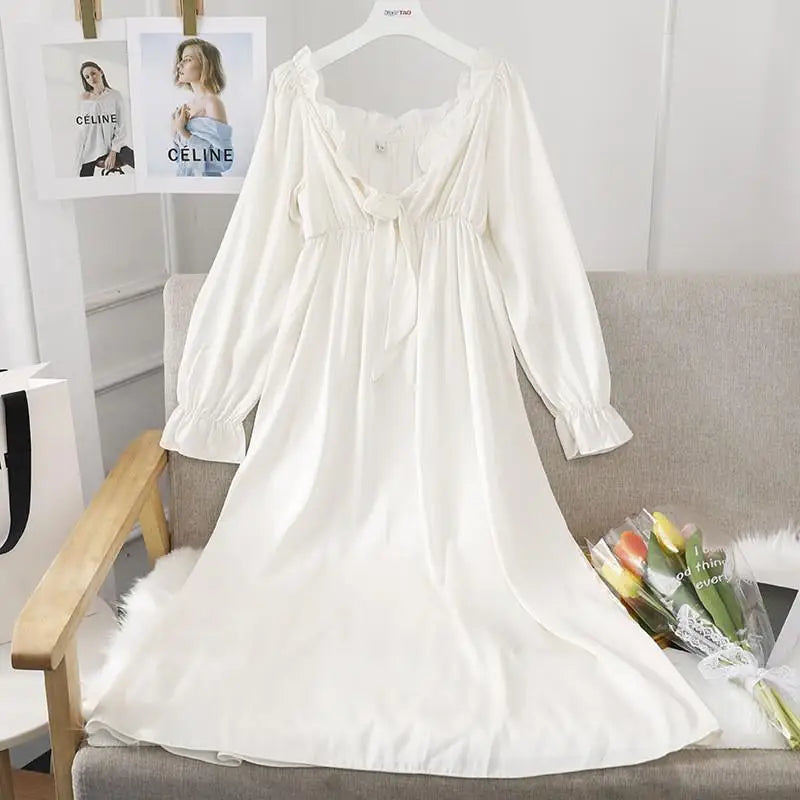 Female Long Nightdress Sexy Hollow Lace Sleepwear Home Dress Palace Style Princess Nightgown Nightwear Casual Satin Loungewear