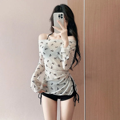 sexy Korean fashion conservative bow bikinis sets three pieces drawstring shorts with perspective mesh cover smock swimsuit