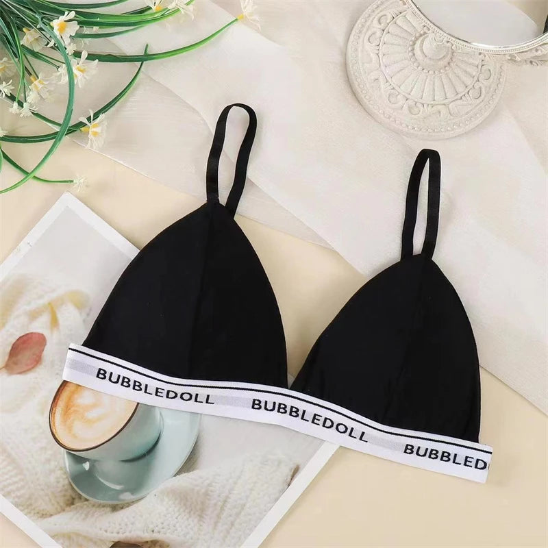 FINETOO Women Cotton Triangle Cups Bra Sexy Deep V Padded Brassiere Female Small Size Underwear Letter Push Up Lingerie Bralette