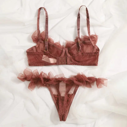 Sexy Lingerie Tulle Bowknot Bra Set Women See Through Lingerie Romantic Bilizna Set Three-Point Intimate Outfit Sexy Underwear