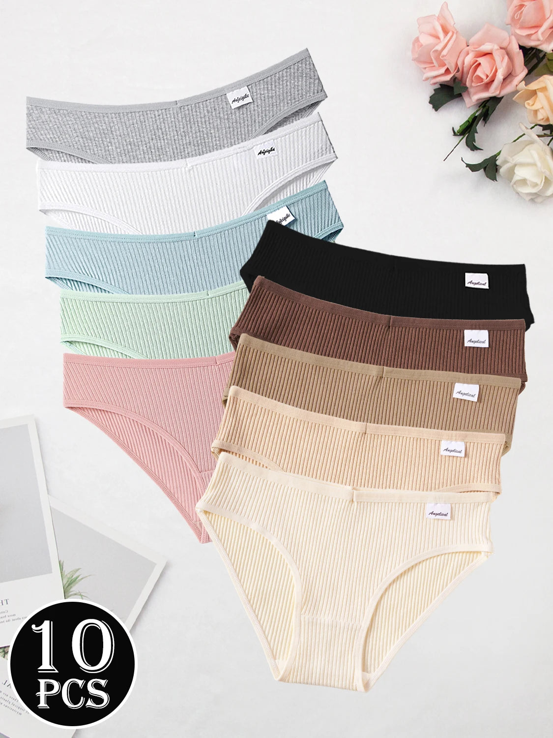 10PCS Women's Pure Cotton Panties Ribbed Briefs Low-Rise Breathable Female Soft Underwear Solid Colors Lingerie Stylish Casual