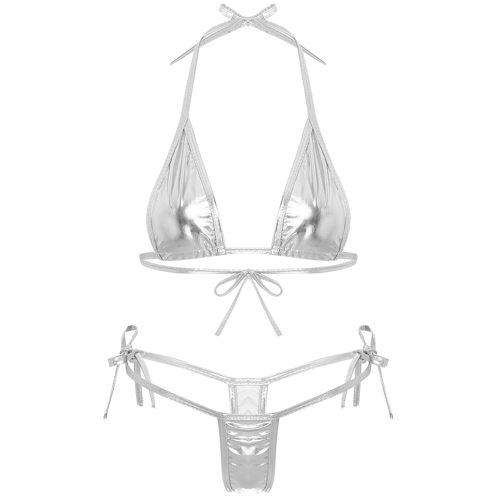 Womens Brazilian Micro Bikini Swimsuit Metallic Shiny Lacing Non-Padded Triangle Cup Bra Top with G-String Swimwear Biquini Set