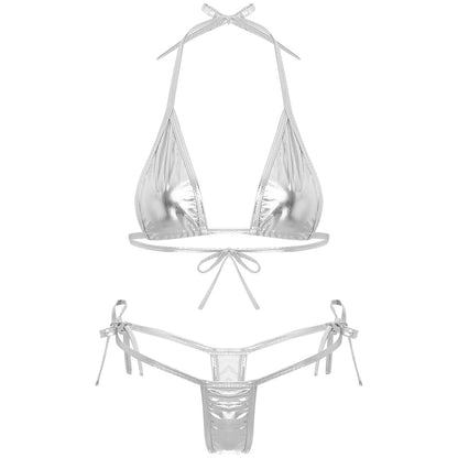 Womens Brazilian Micro Bikini Swimsuit Metallic Shiny Lacing Non-Padded Triangle Cup Bra Top with G-String Swimwear Biquini Set
