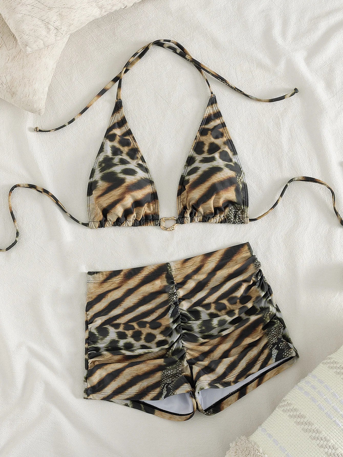 Women's Leopard & Zebra Print Bikini Set, Halter Triangle Top with High Waist Ruched Shorts Two Piece Swimsuit for Beach Vacatio